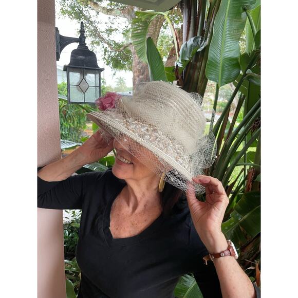 Kokin Bucket Straw Veil Ivory Floral Embroidery Net Vintage Bridal Lunch Hat - Picture 5 of 9